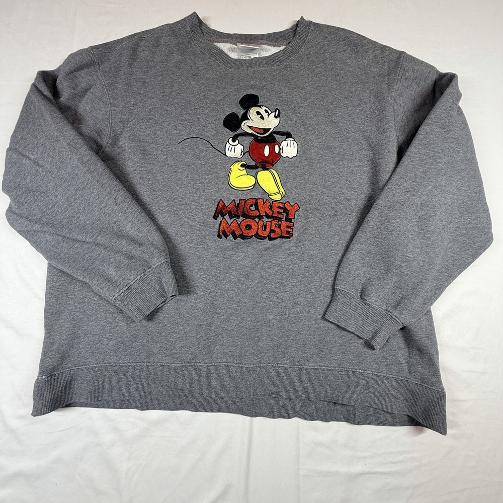 Vtg Embroidered Mickey Mouse walking Sweatshirt The Disney Store Gray Size Large